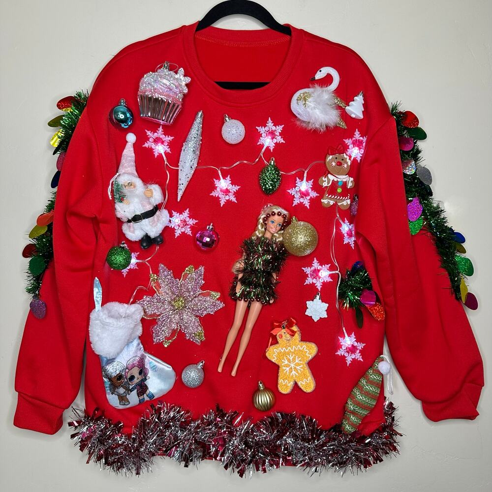Ugly Christmas Sweater Barbie LIGHTS UP Tacky Tinsel Xmas Party Winner Size XL